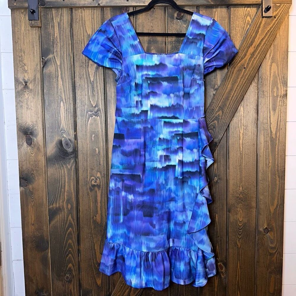 Ashro Asymmetrical Ruffle Watercolor Sheath Midi Dress